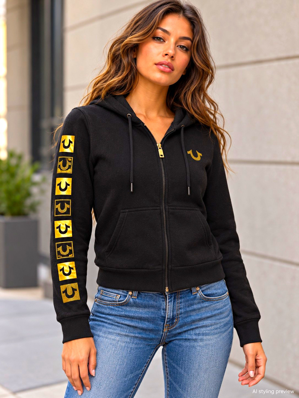 True Religion Hoodie Womens M Black Gold Rhinestone Full Zip Y2K Glam Streetwear